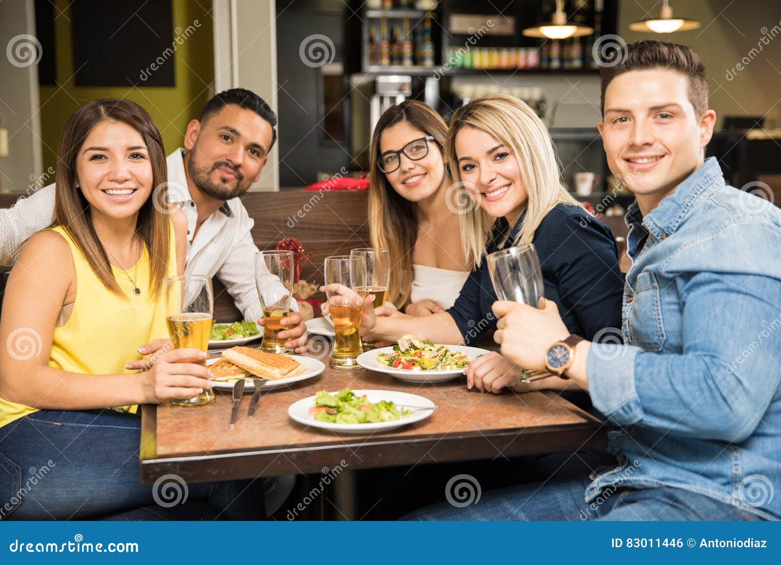 Five Friends Eating in a Restaurant Stock Photo Image of hour, food