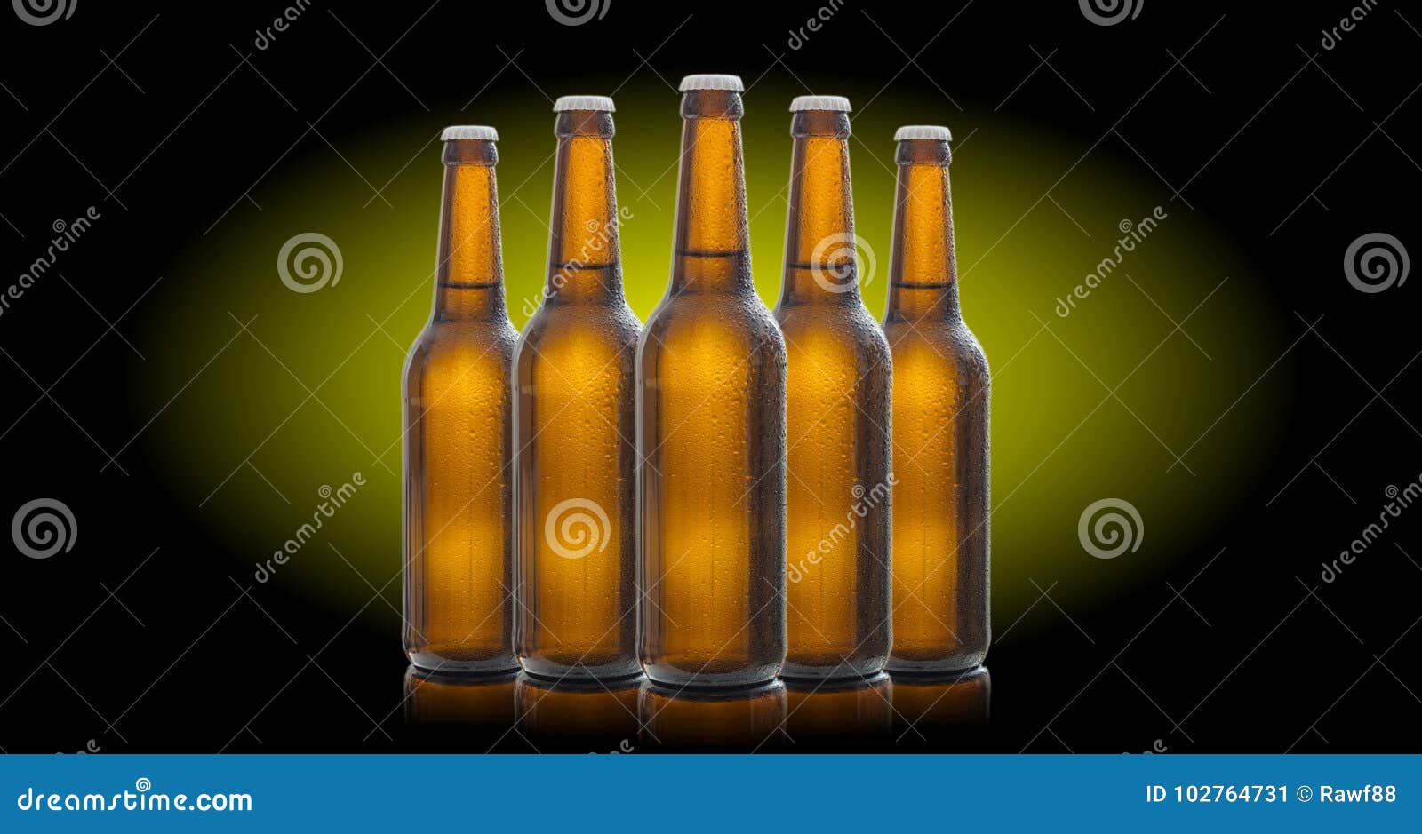 Five Glass Beer Bottles Isolated on Black Background Stock Image