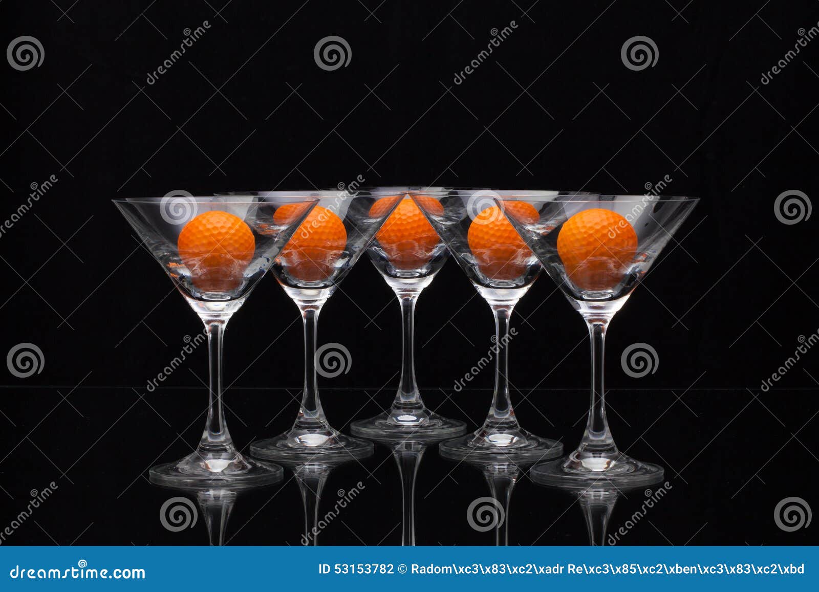 Five Glasses of Champagne and Golf Balls Stock Photo Image of