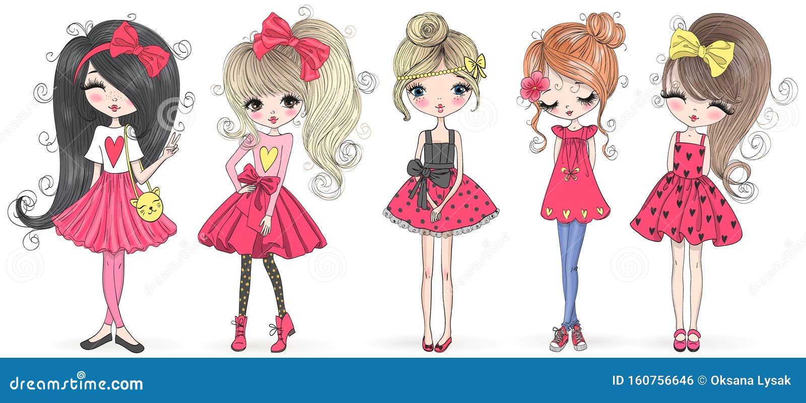 five hand drawn beautiful cute cartoon amazing fashion girls.