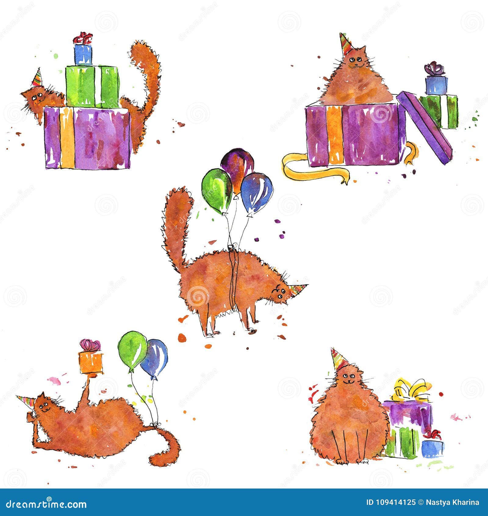 Set of watercolor pictures of a ginger birthday cat. Five hand painted funny pictures of a fat ginger cat with gift boxes and balloons