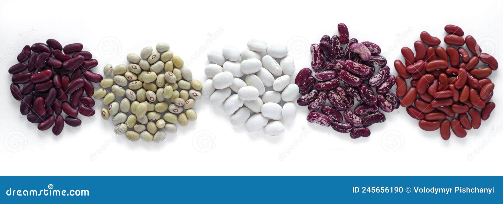 Five Heaps of Dried Beans of Different Varieties. Stock Photo Image