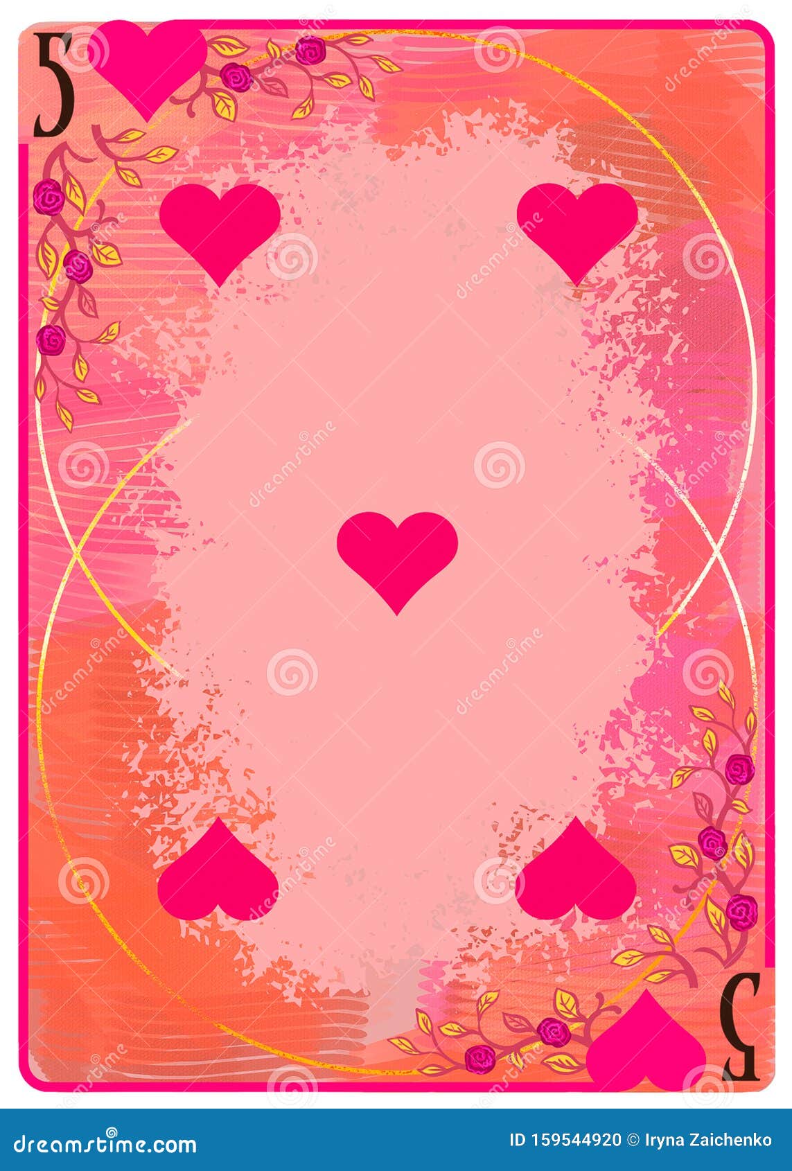 five of hearts playing card. unique hand drawn pocker card. one of 52 cards in french card deck, english or anglo-american pattern