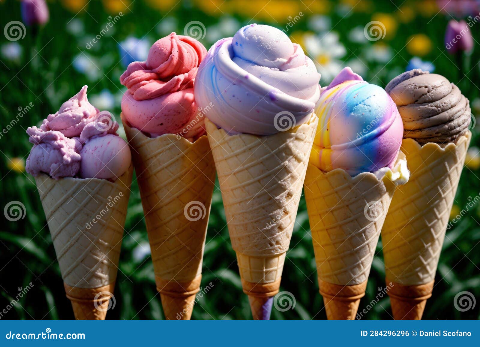 Five Ice Cream Cones are Lined Up in a Row. Generative AI Stock