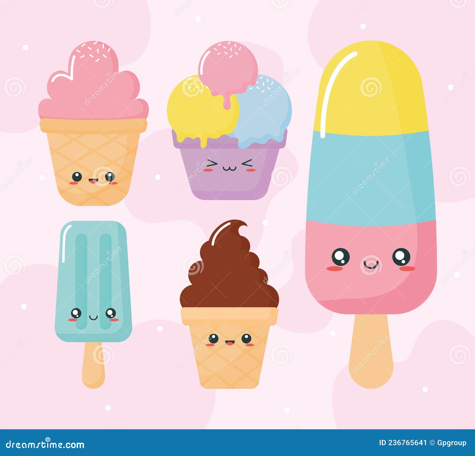Five kawaii ice creams stock vector. Illustration of yummy 236765641