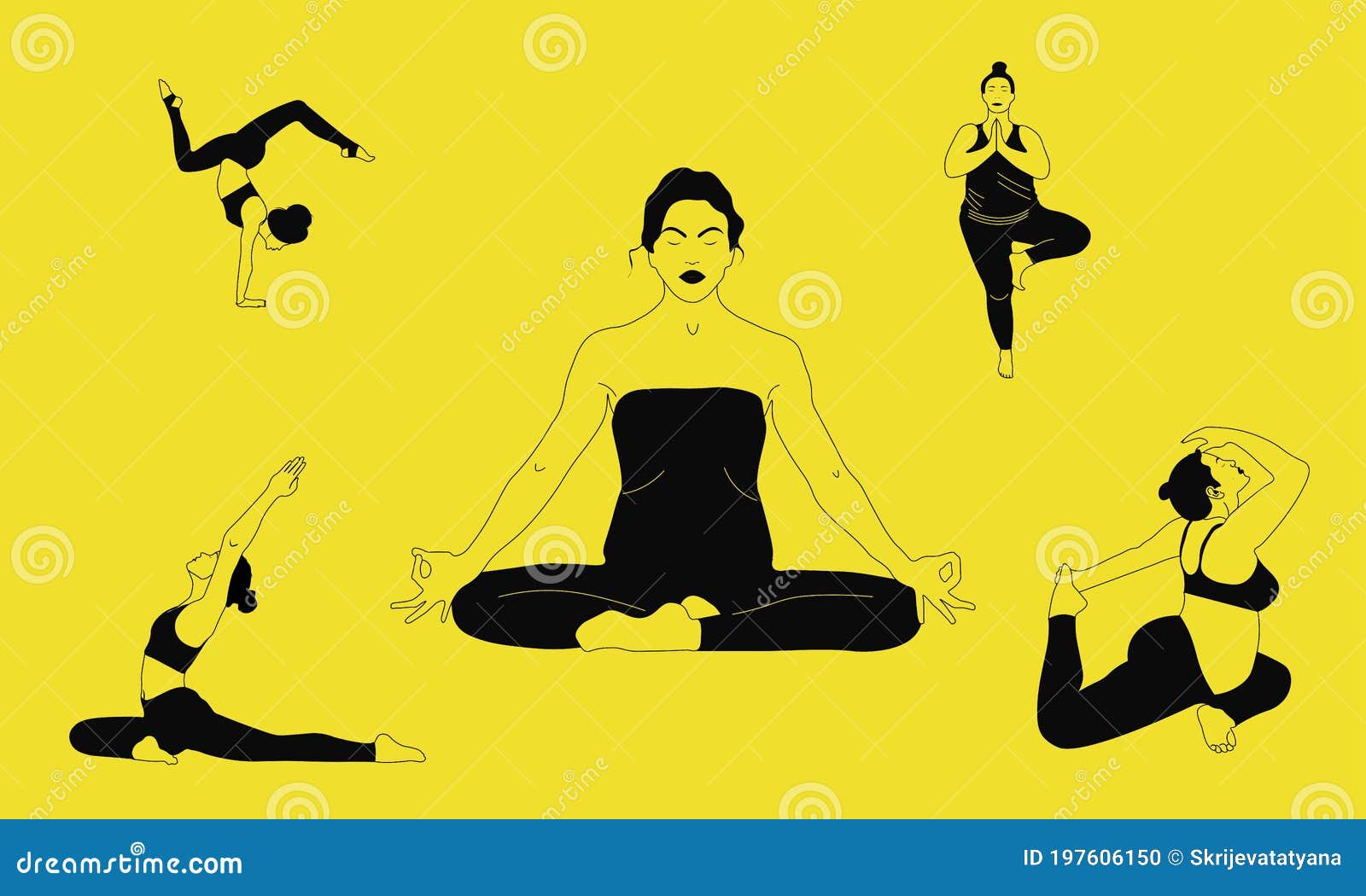 Silhouette or Colorful Contour of Women`s Standing in Various Yoga