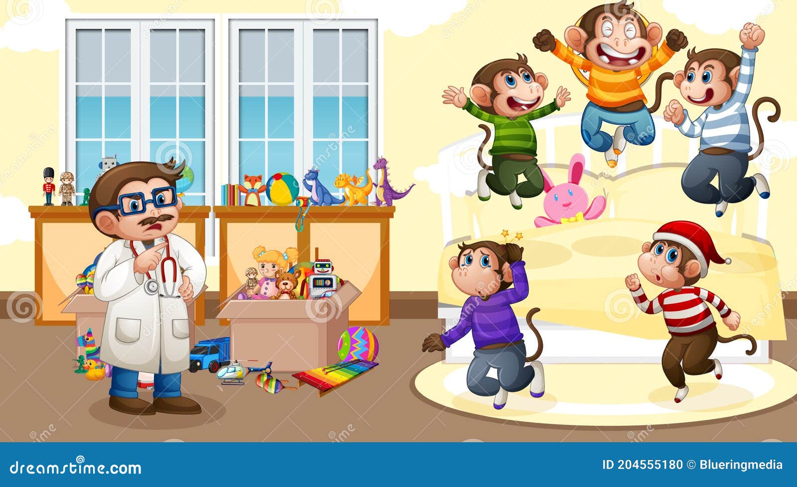 Five Little Monkeys Jumping on the Bed with a Doctor Stock Vector -  Illustration of nursery, cartoon: 204555180