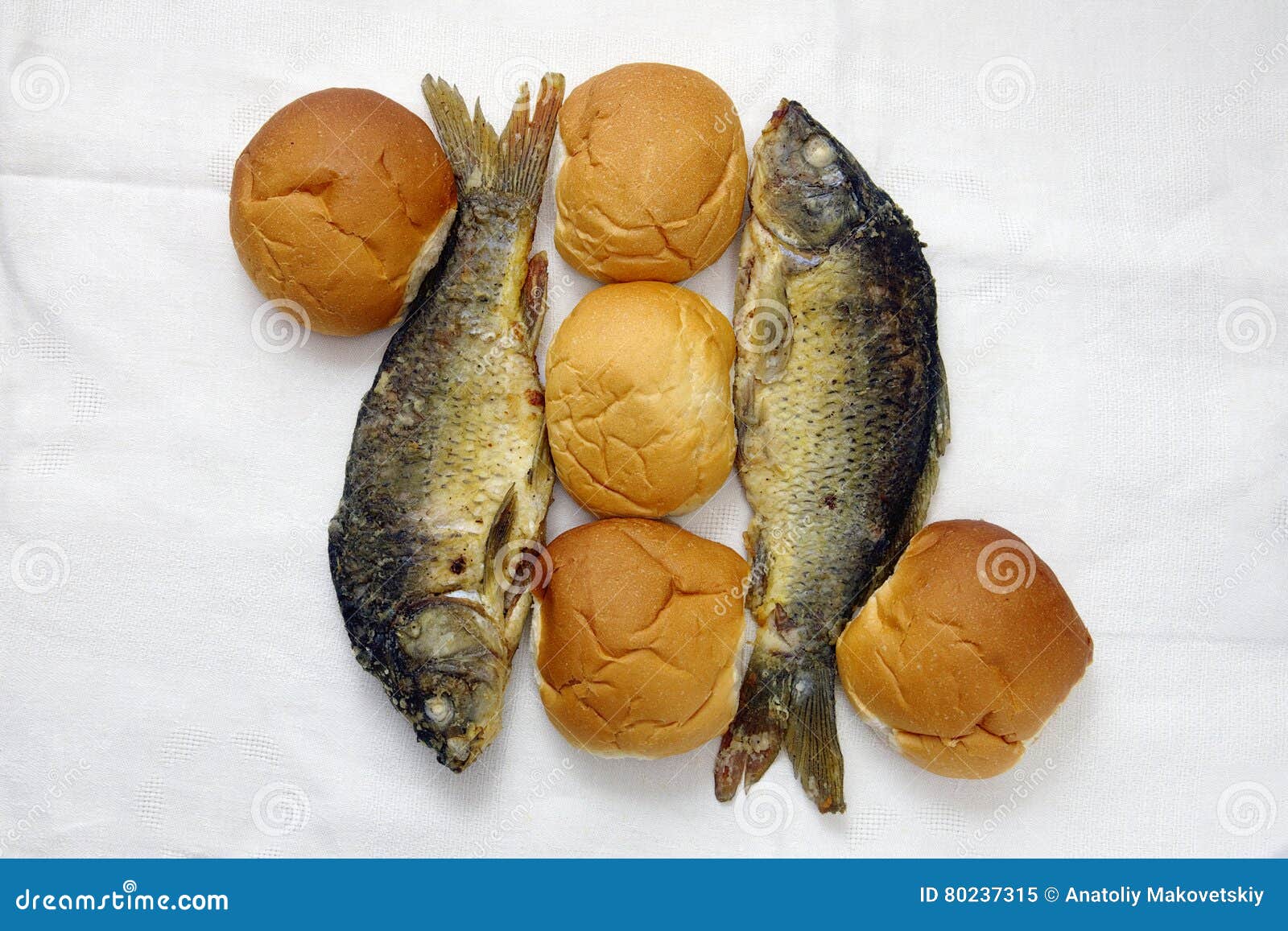 Five Loaves, and the Two Fishes. Stock Image Image of gospel, food