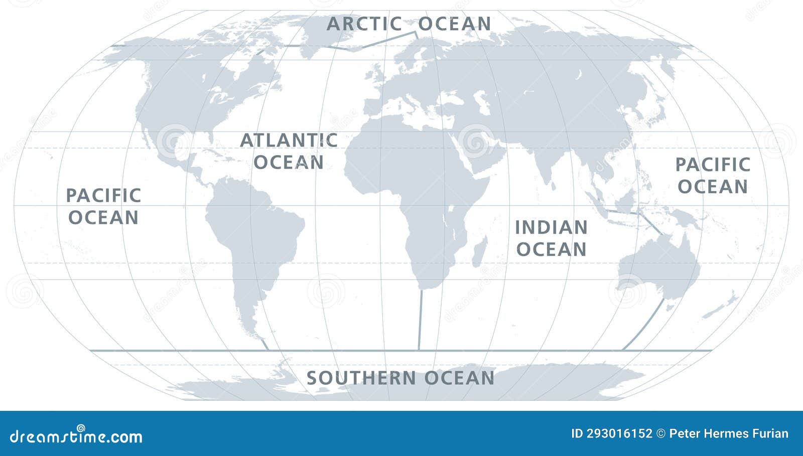 the five oceans of the world, model of oceanic divisions, gray map