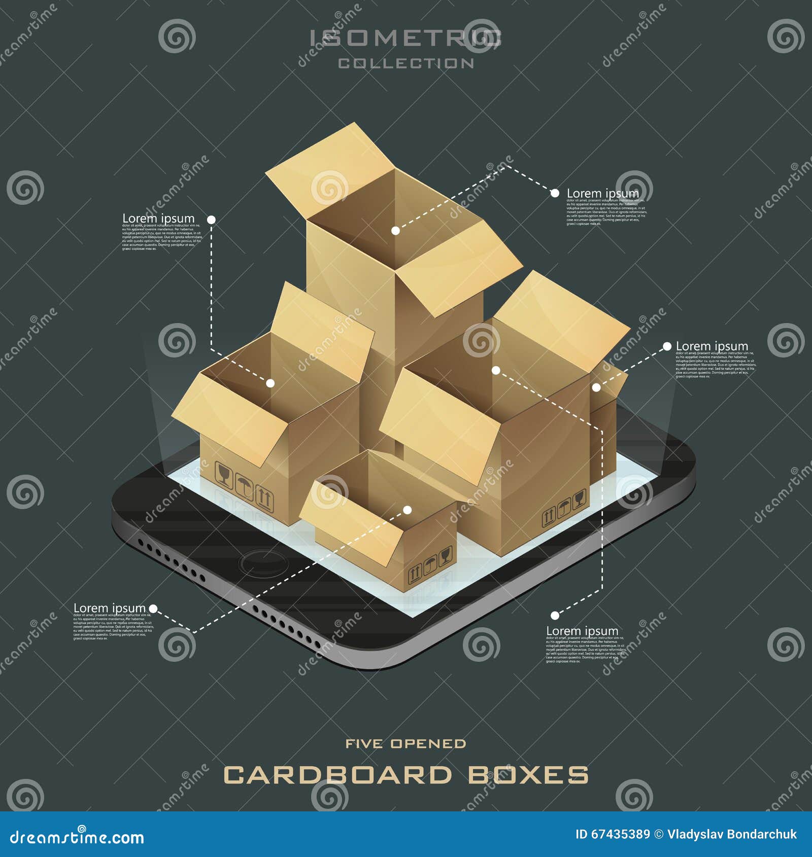 Five Opened Cardboard Boxes. Online Shopping. . Stock