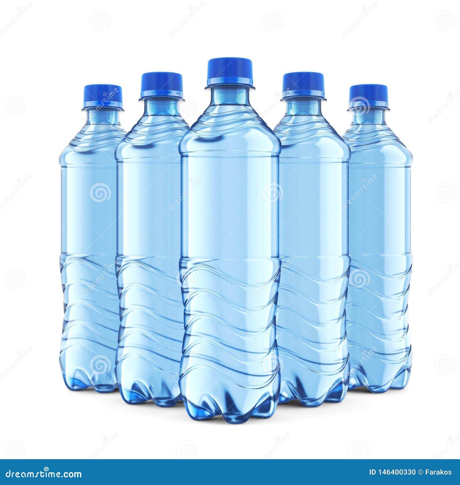 Five Plastic Bottles of Still Water with Blue Cap Stock Photo Image