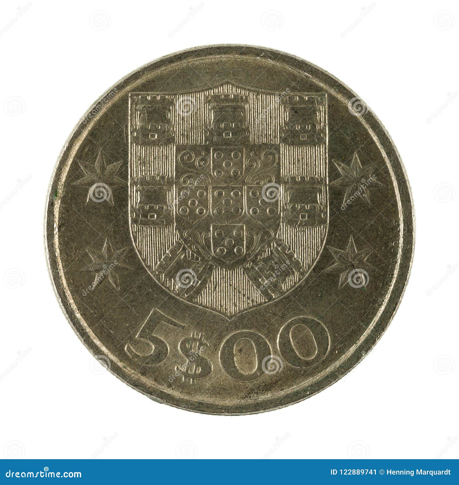 five portuguese escudo coin 1985  on white background