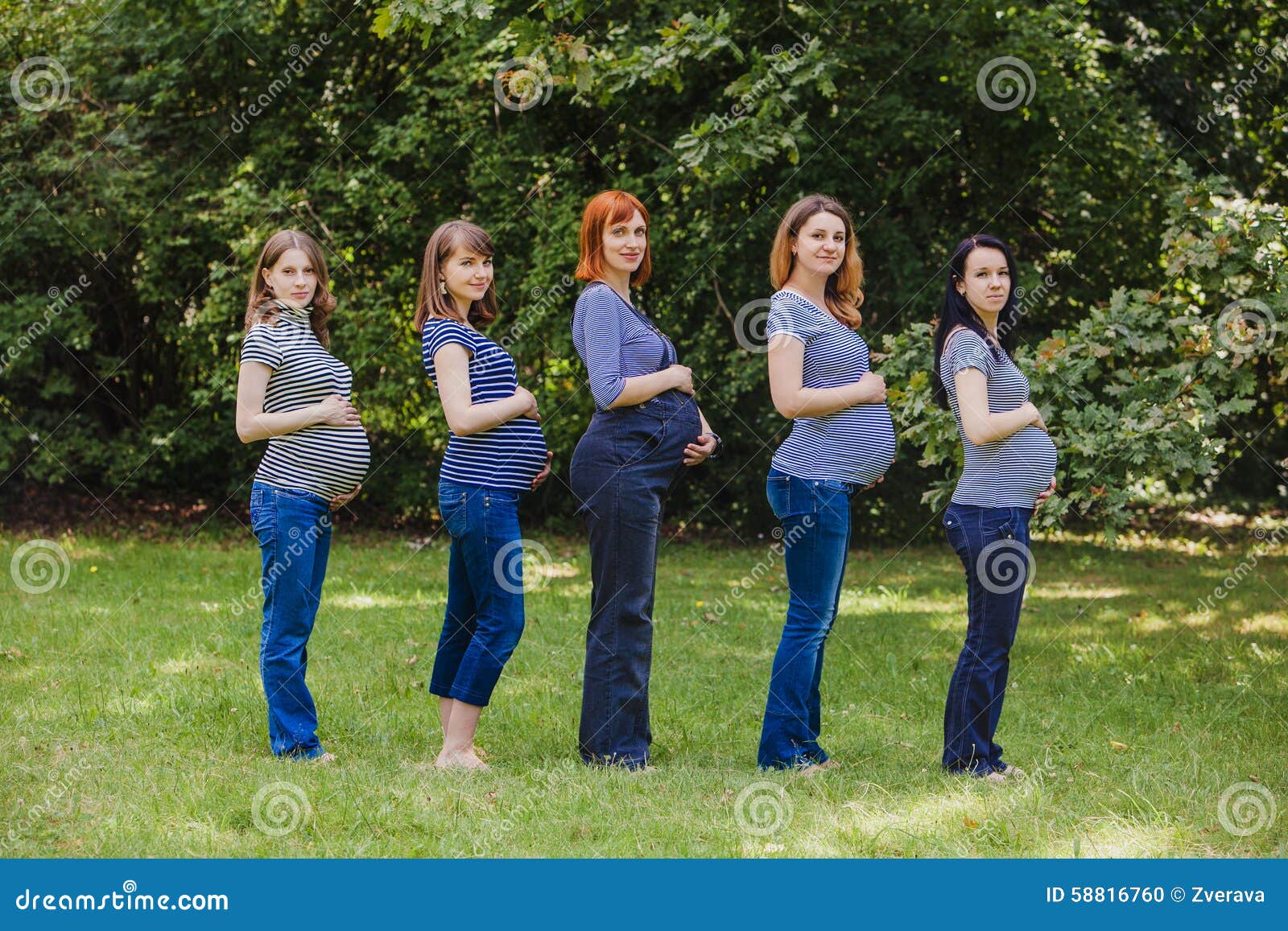 Five Pregnant Women In The Same Clothes Outdoor Stock