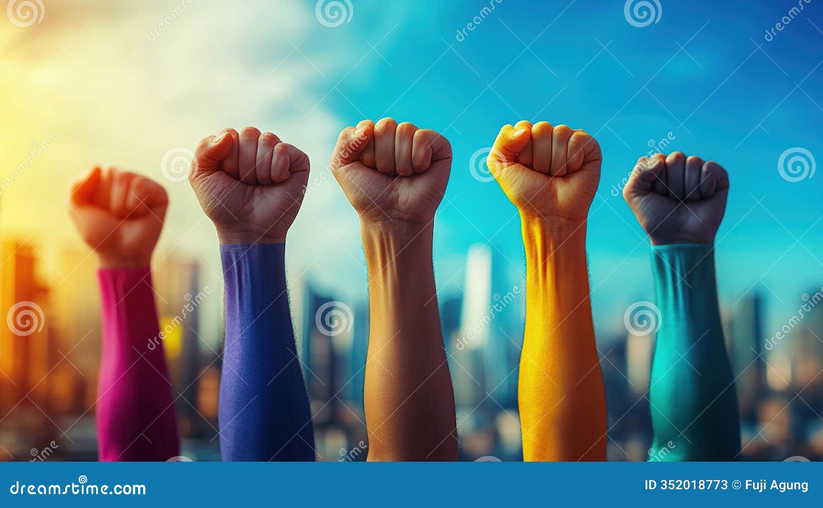 five raised fists in vibrant colors against a city skyline, izing unity, strength, and solidarity