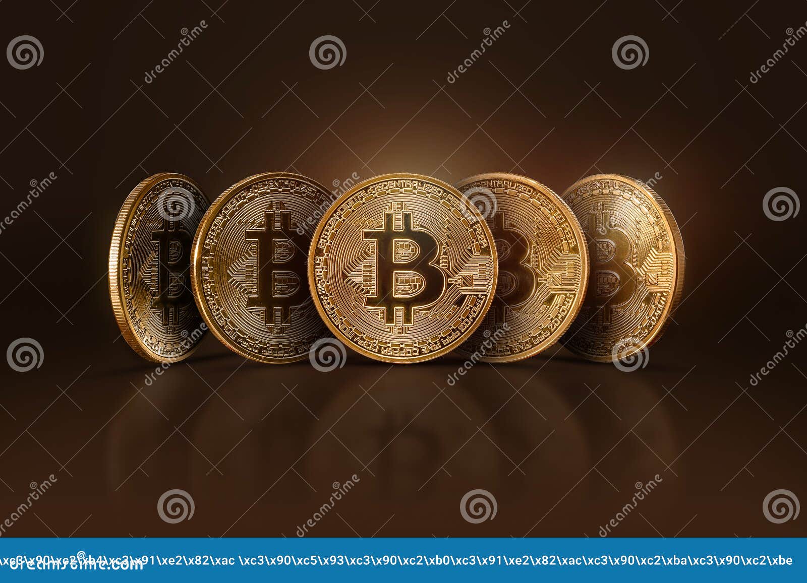 Five Real Bitcoin Coins on a Dark Background. Electronic Money, Crypto  Currency Stock Photo - Image of circuit, brown: 160980750