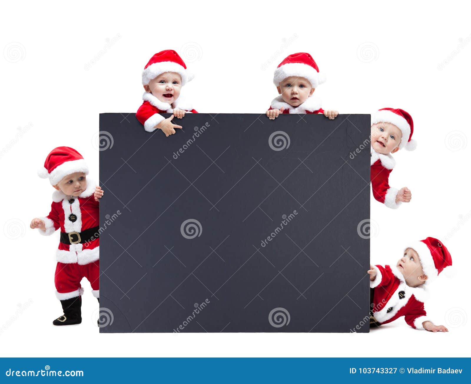 five santa claus baby hold black advertisment banner blank