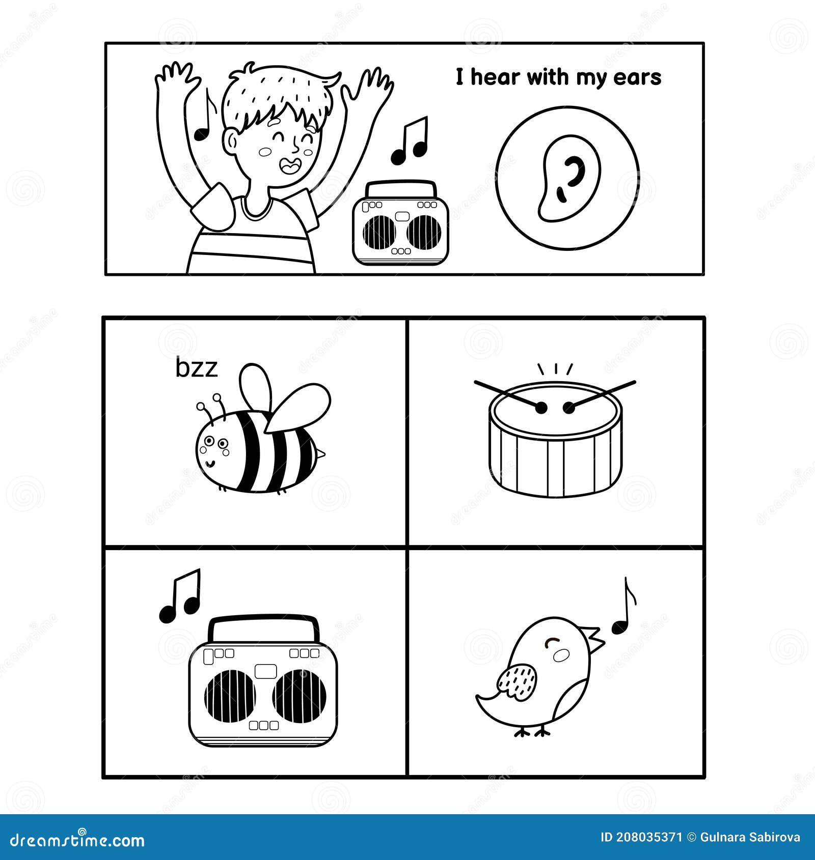 Five Senses Poster Hearing Sense Presentation Page For Kids Stock