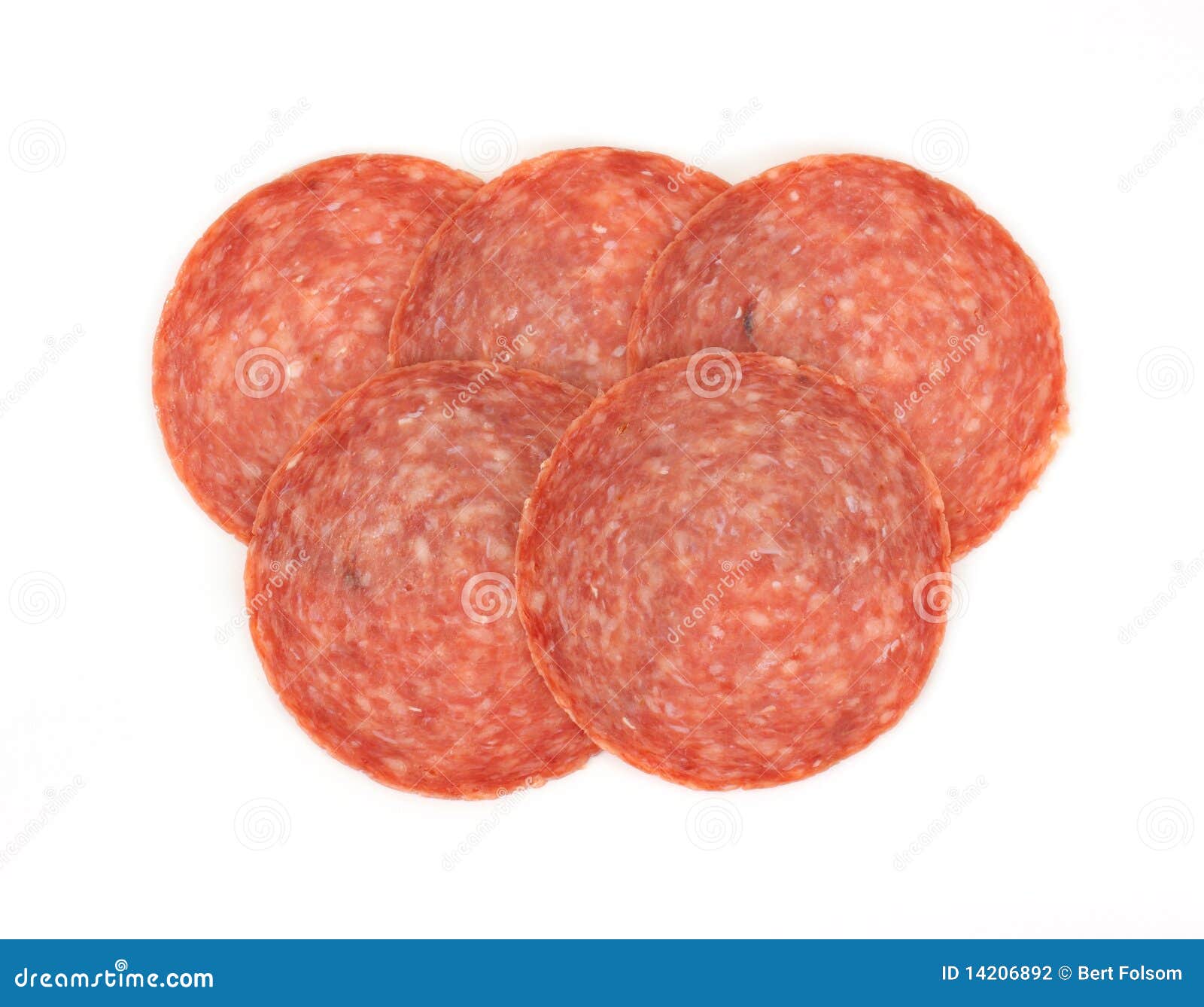 Five slices of hard salami stock photo. Image of round 14206892