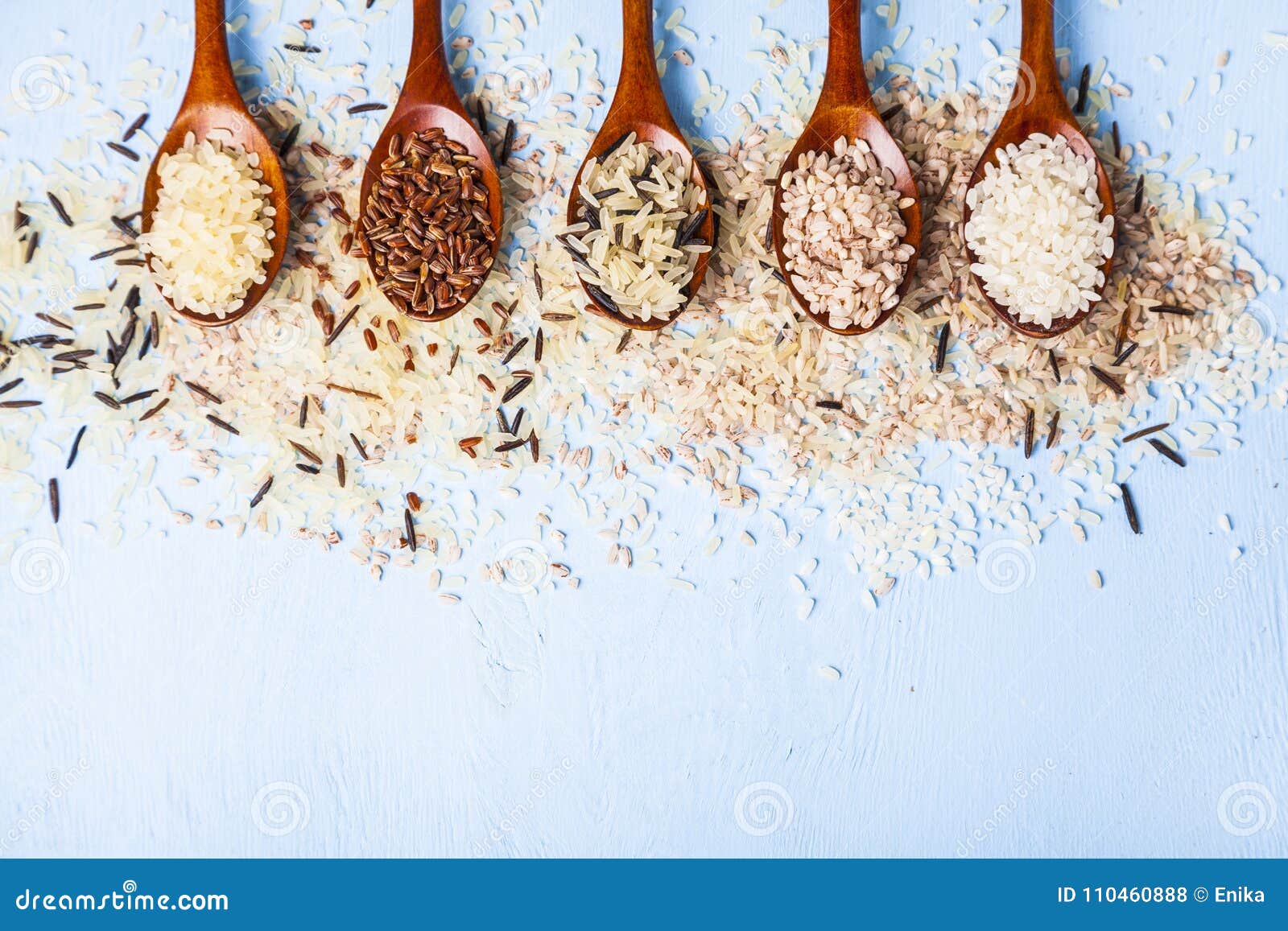 Five Spoons with Different Grades of Rice Stock Photo Image of east, diet 110460888