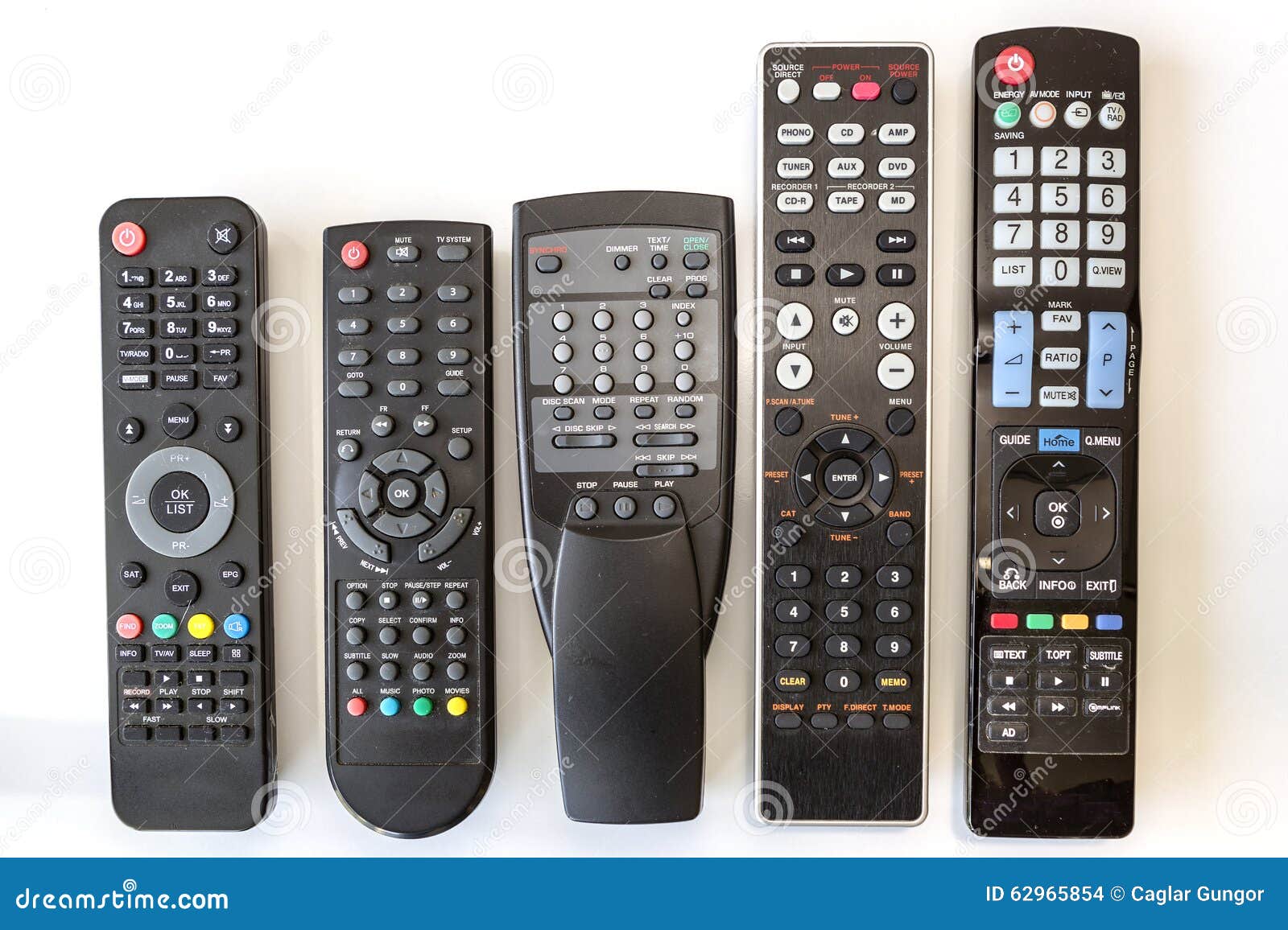 Five Used Remote Controls on White Background Stock Photo Image of