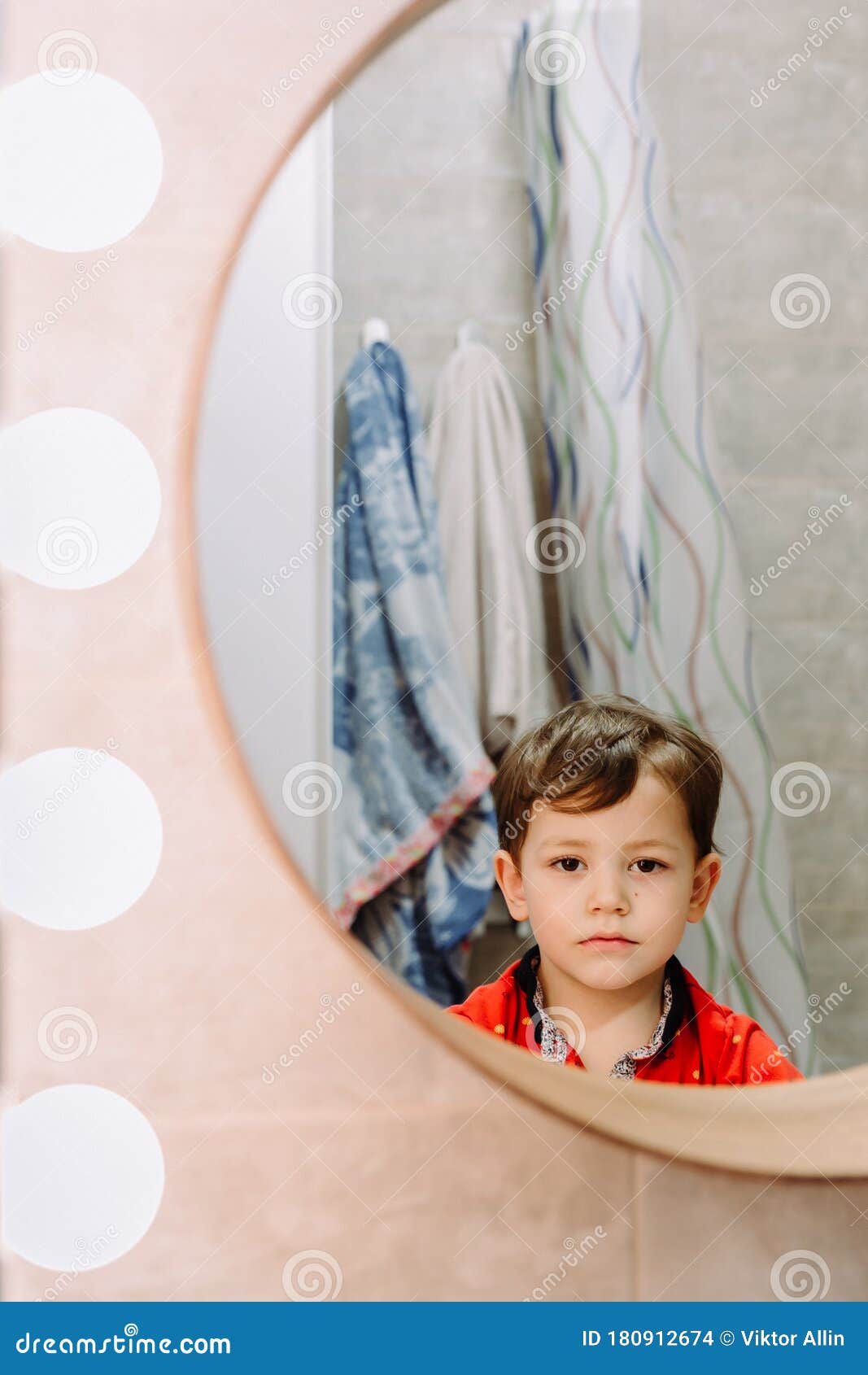 Sad Boy Looks in the Bathroom Mirror Stock Photo Image of morning