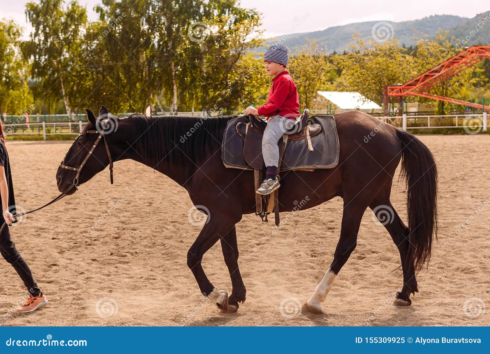 A Fiveyearold Child Rides a Horse Stock Image Image of clothing