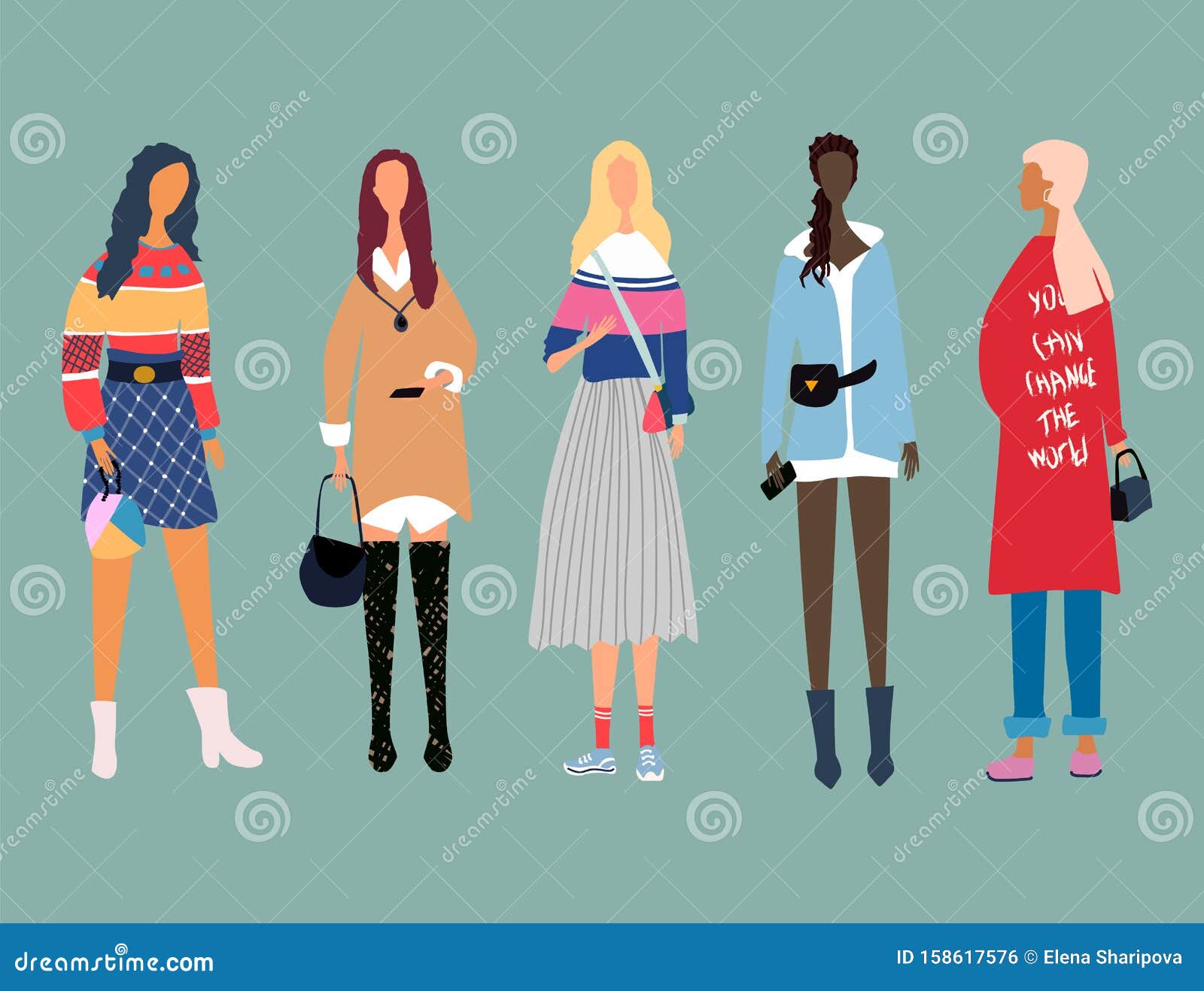 Five Young Women or Girls Dressed in Trendy Clothes Standing Together. Group of Friends, Union of Feminists. Girl Power Concept. Stock Vector - Illustration of flat, drawn: 158617576 Five Young Women or Girls Dressed in Trendy Clothes Standing Together. Group of Friends, Union of Feminists. Girl Power Concept. Stock Vector - Illustration of flat, drawn: 158617576