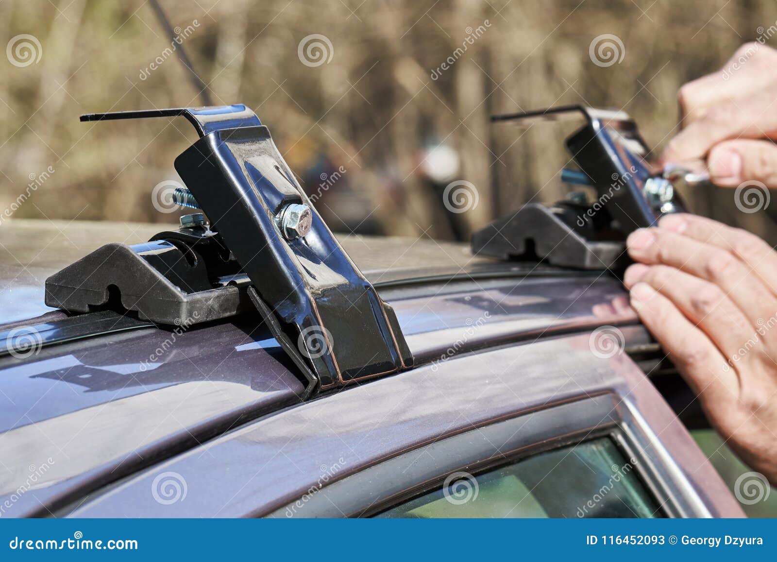 Fixing a Car Roof Rack Outdoors Stock Image Image of transport