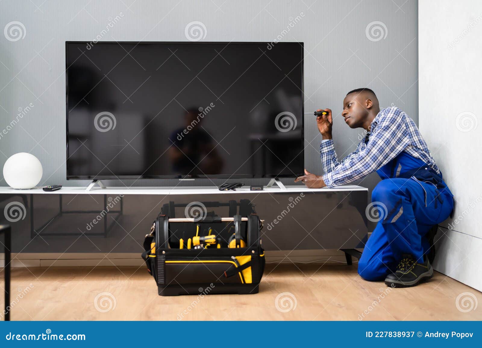 Fixing LCD Television. TV Checking Stock Image Image of curtains
