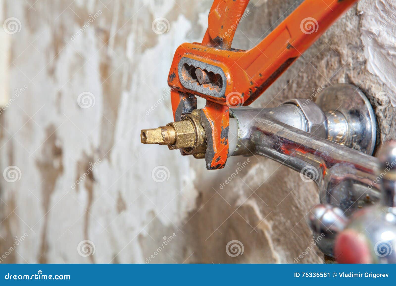 Fixing Valve Tap With Leaking Water Using Red Plumber Pliers