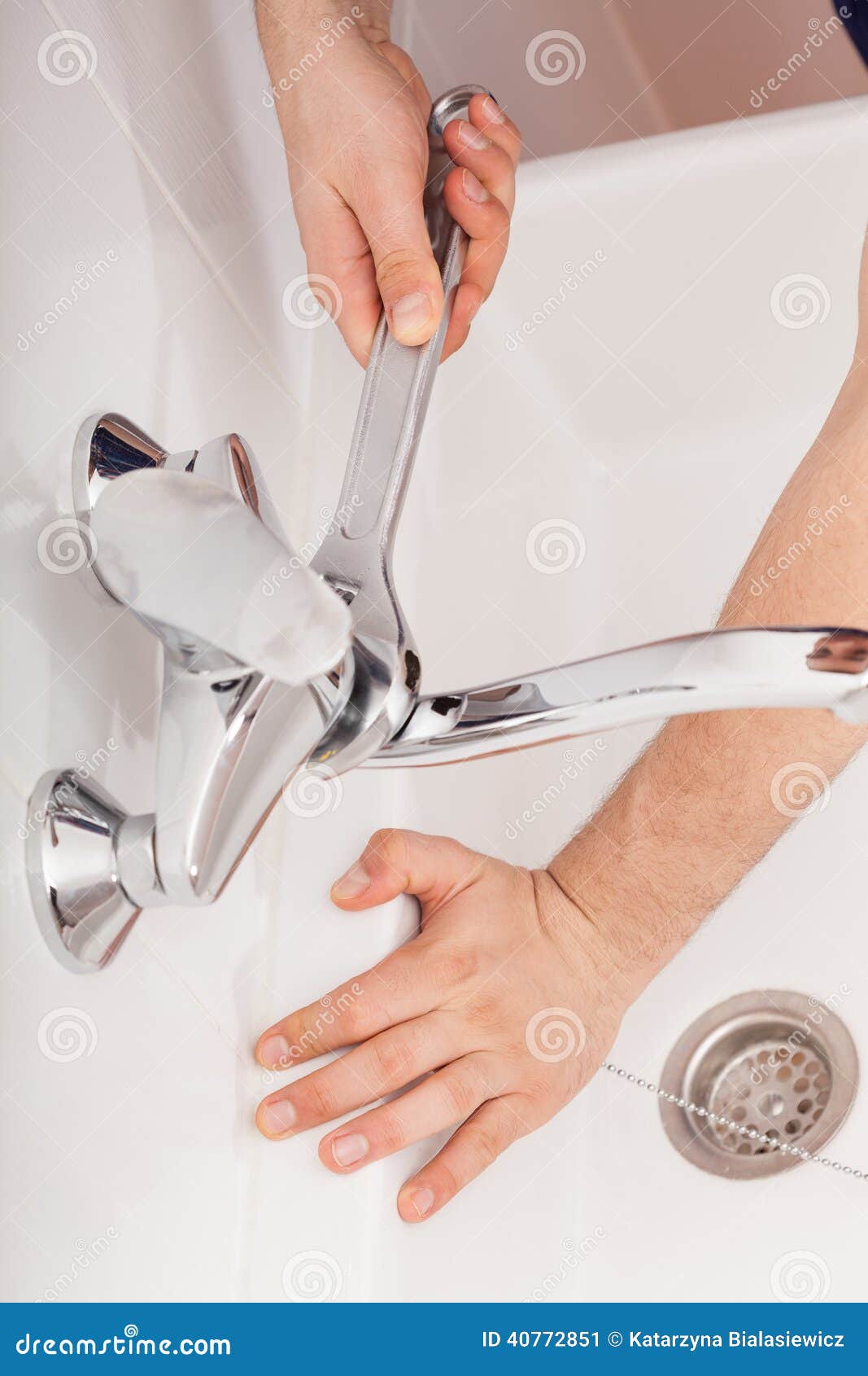 Fixing Water Tap with Spanner Stock Image Image of work, tighten