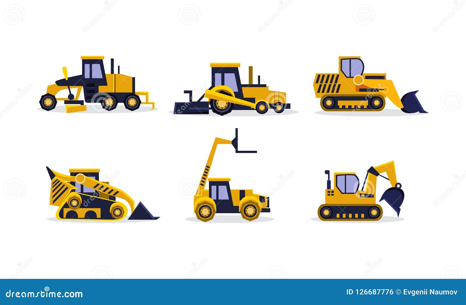 Flacher Vektorsatz Bunte Baumaschinen Bagger Radlader Planierraupe Sortierer Schwere Ausrustung Fur Vektor Abbildung Illustration Von Flacher Bagger