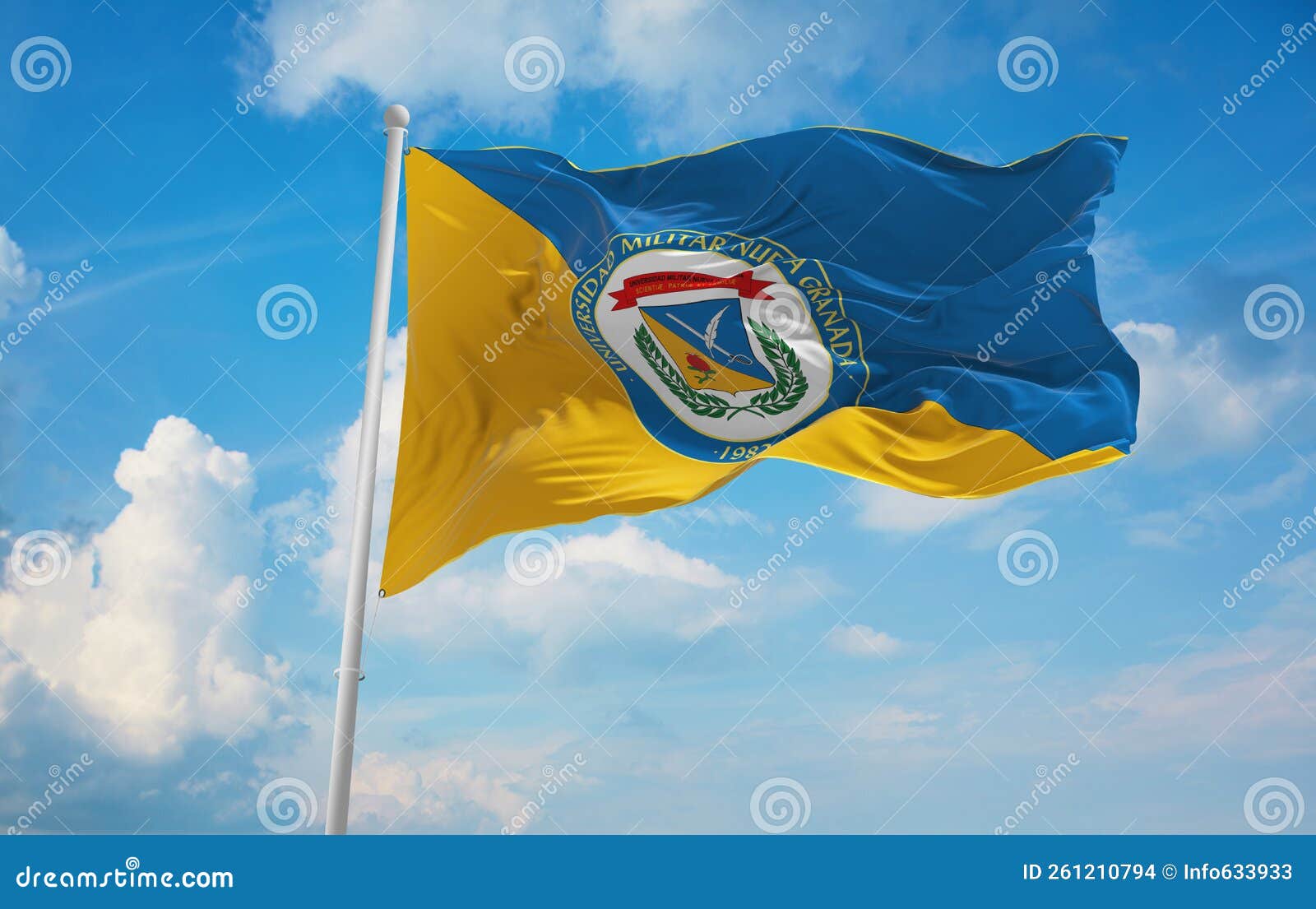 flag of bandera universidad militar nueva granada , colombia at cloudy sky background on sunset, panoramic view. colombian travel