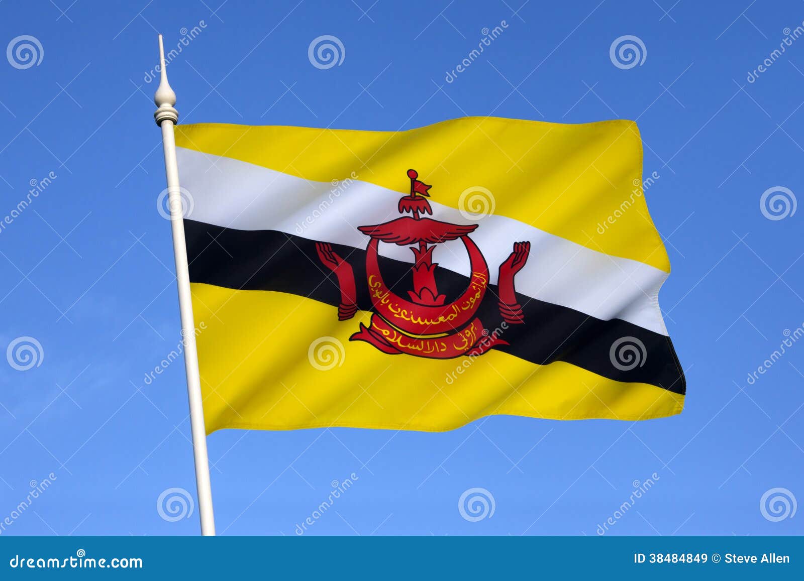 Flag of Brunei - Borneo. The national flag of The Sultanate of Brunei, a small, oil-rich sultanate on the northwest coast of Borneo. It became a fully independent Commonwealth state in 1984.