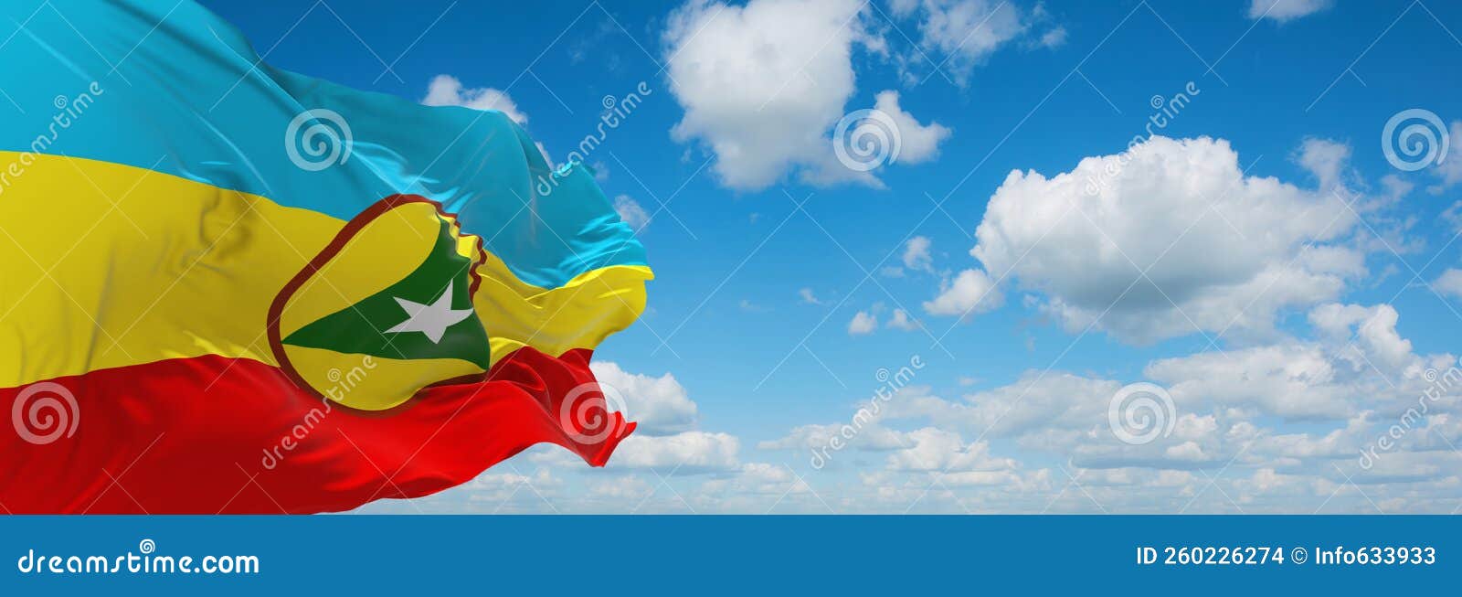flag of cabinda flec propose, africa at cloudy sky background, panoramic view. flag representing extinct country,ethnic group or