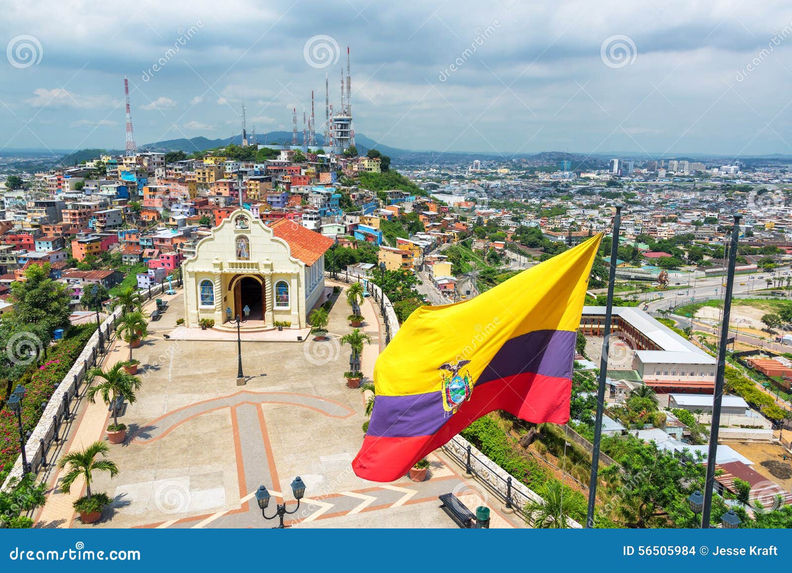 flag and church in guayaquil