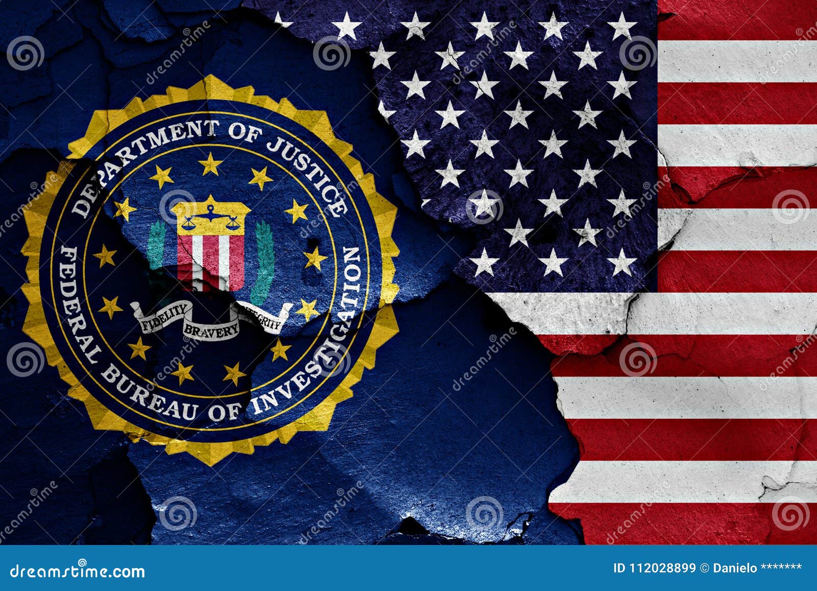 flag of fbi and usa painted on cracked wall