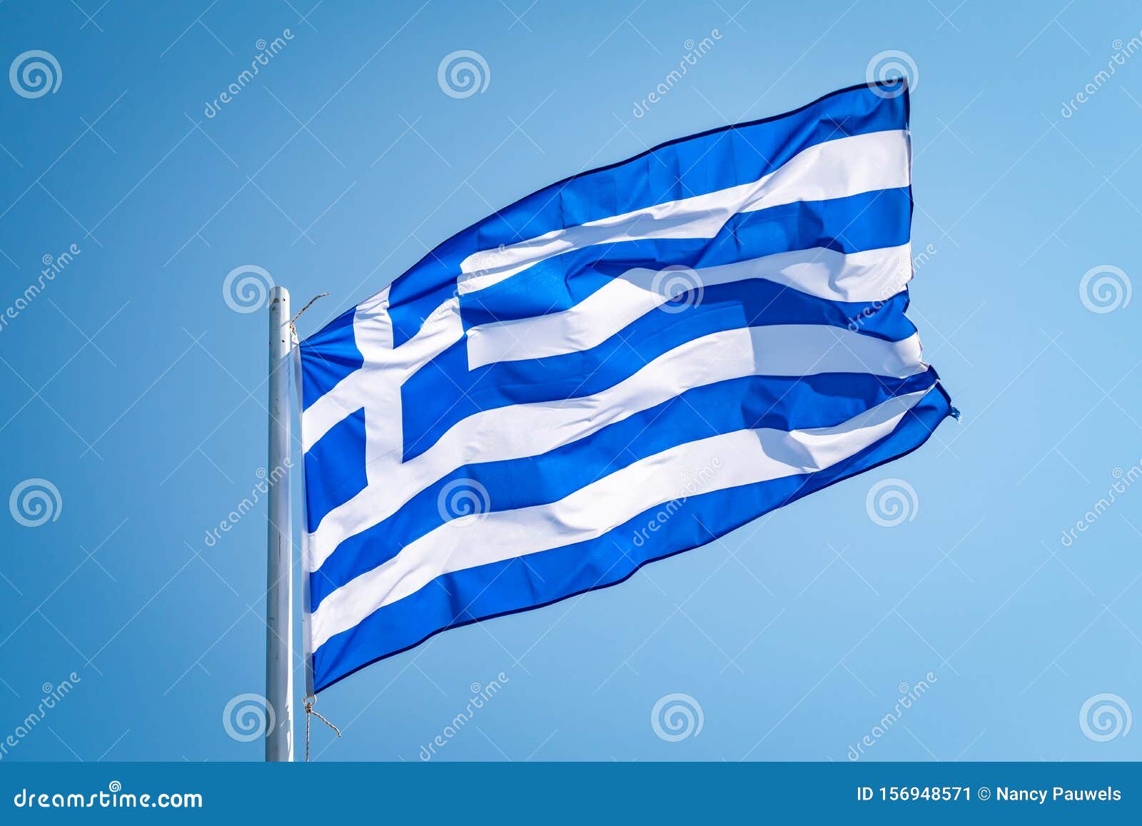 Flag of Greece Waving in the Wind Front of Blue Sky Image - Image culture, concept: 156948571
