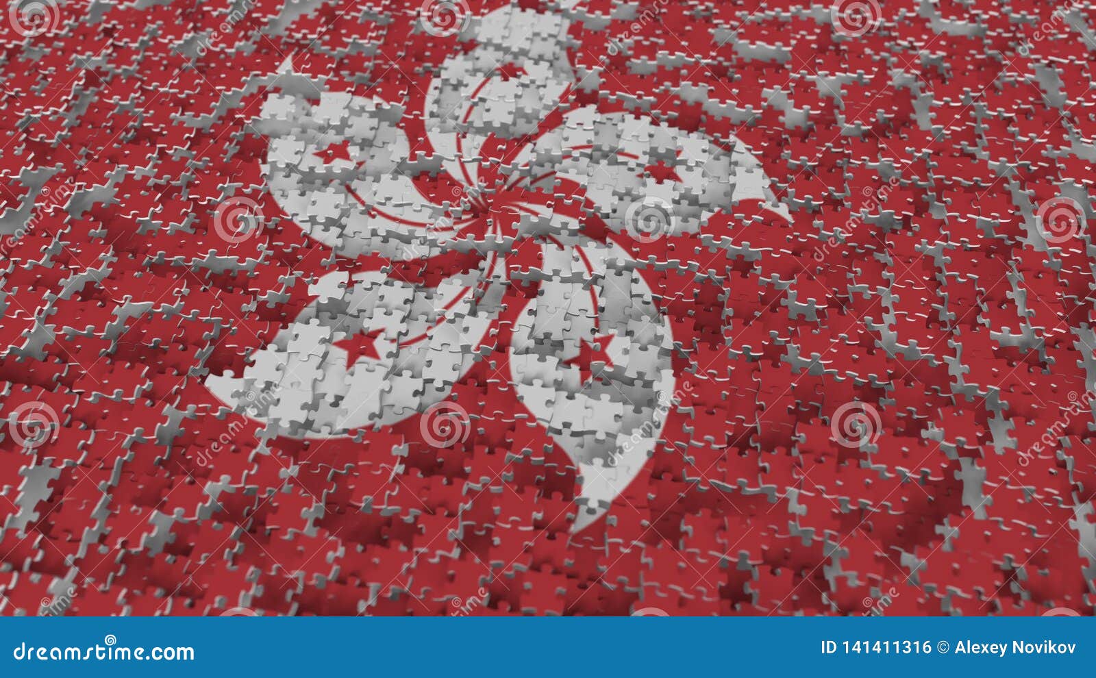Flag of Hong Kong being made with jigsaw puzzle pieces. Problem solution conceptual 3D rendering. Flag made of puzzle pieces, conceptual 3D