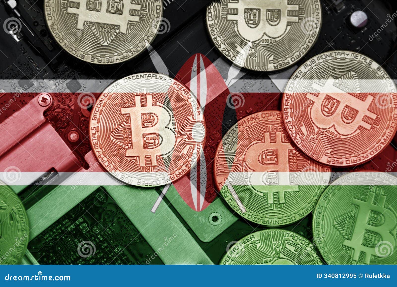 Flag of Kenya on the Bitcoins with Computer Electronic Circuit Board  Background. Bitcoin Concept Stock Image - Image of cards, coin: 340812995