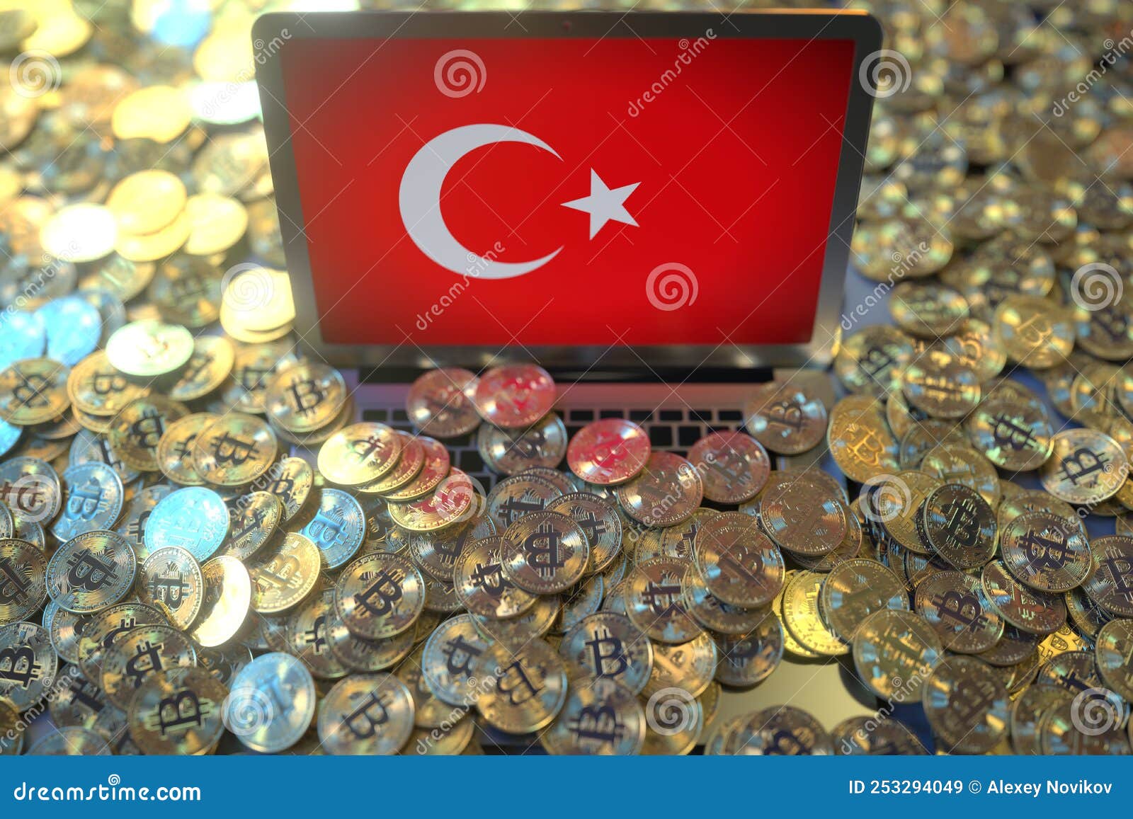 Computer with Flag of Turkey and Pile of Bitcoins. National Regulations