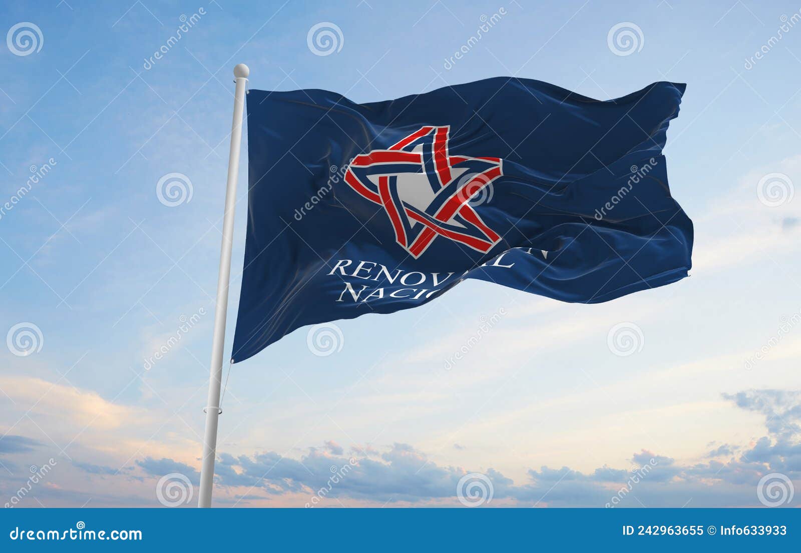 flag of renovacion nacional , chile at cloudy sky background on sunset, panoramic view. chilean travel and patriot concept. copy