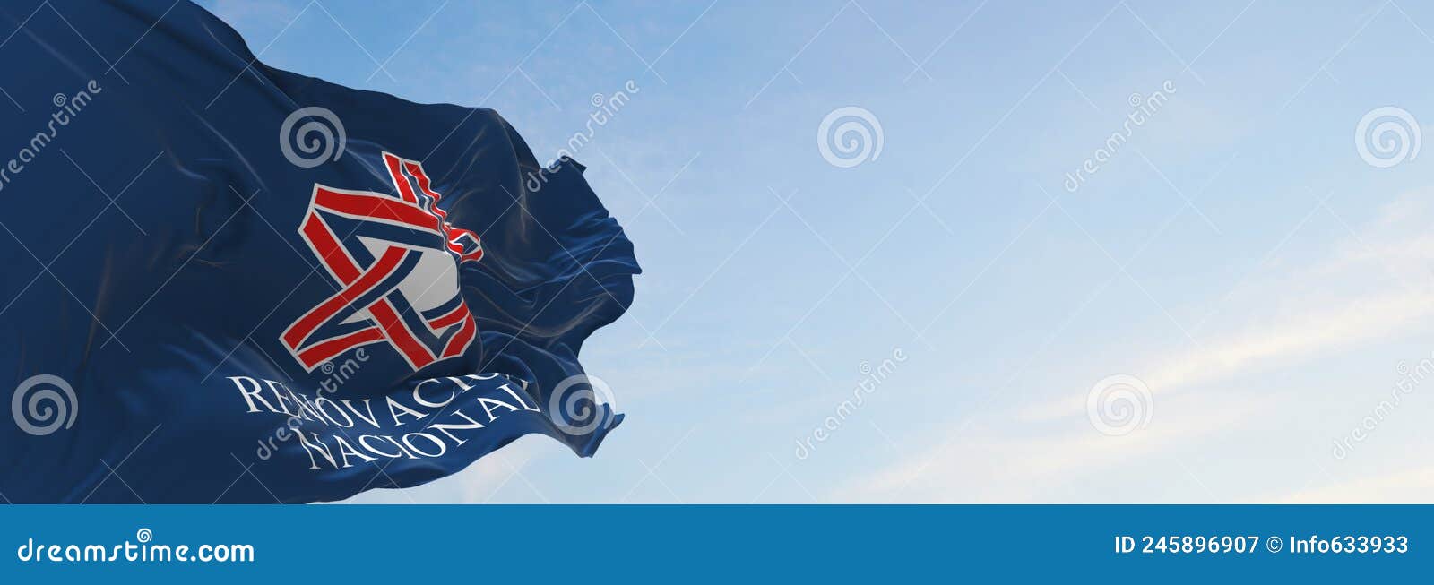 flag of renovacion nacional , chile at cloudy sky background on sunset, panoramic view. chilean travel and patriot concept. copy