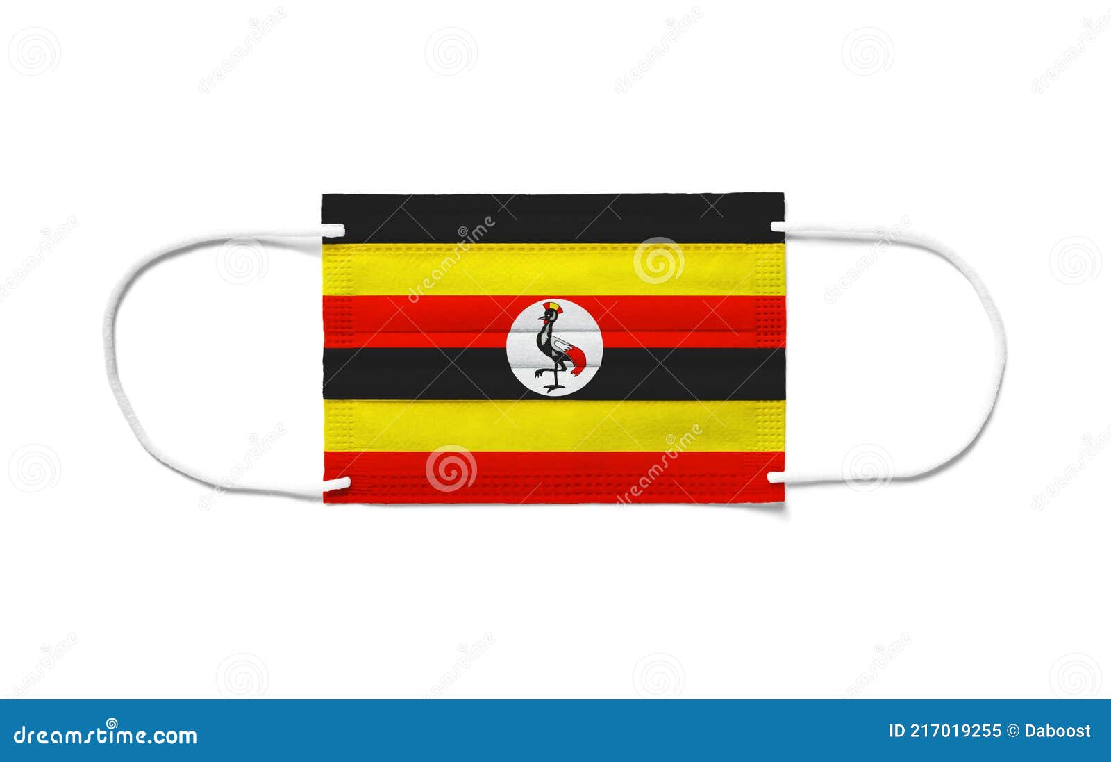 Flag of Uganda on a Disposable Surgical Mask. White Background Stock