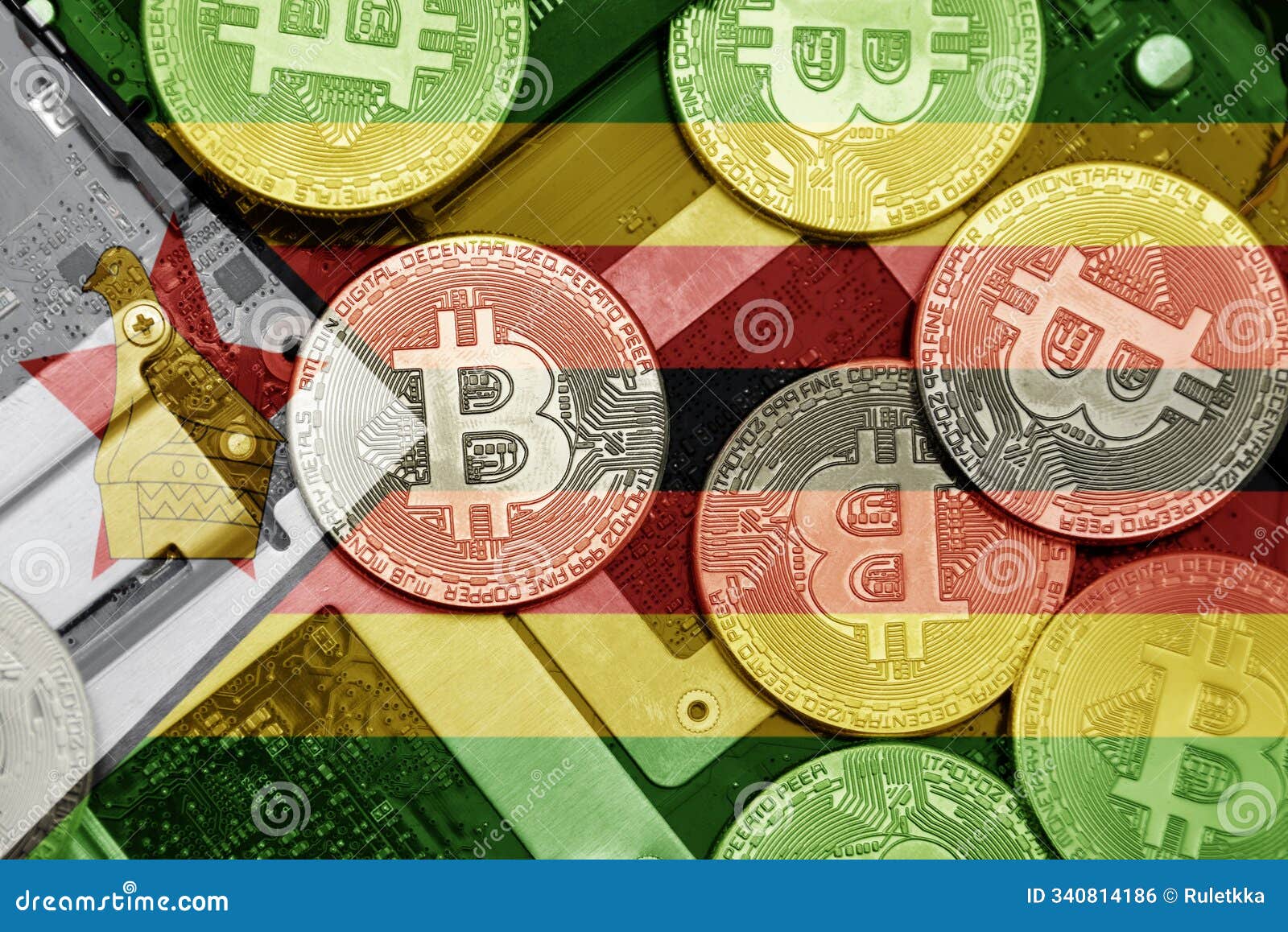Flag of Zimbabwe on the Bitcoins with Computer Electronic Circuit Board  Background. Bitcoin Concept Stock Photo - Image of card, currency: 340814186