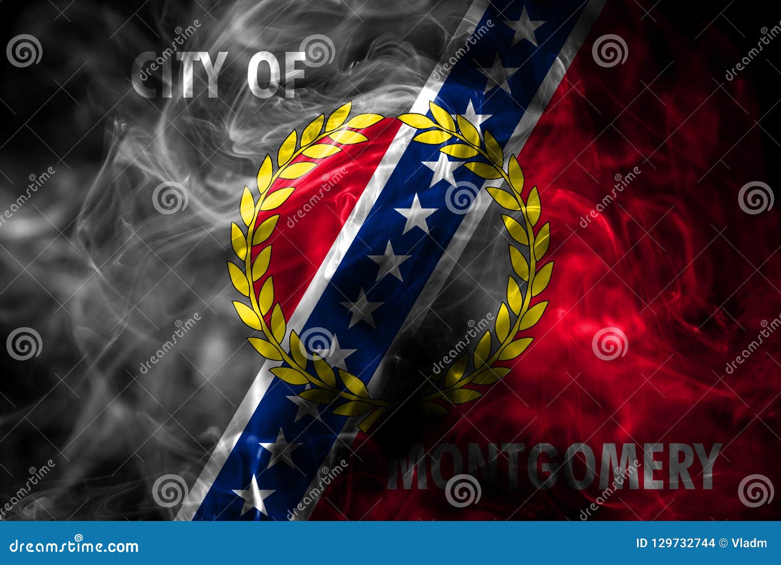 Flagga för Montgomery stadsrök, Alabama stat, Förenta staterna av Amer. Flagga för Montgomery stadsrök, Alabama stat, Amerikas förenta stater