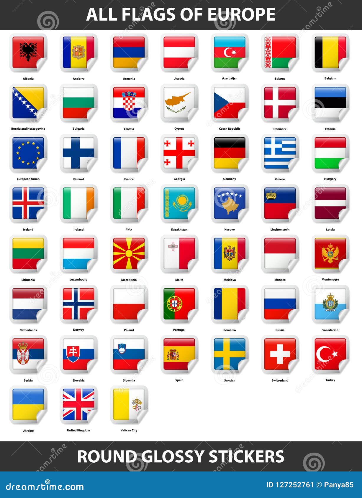 Flags of All Countries of Europe. Round Glossy Stickers Stock Vector