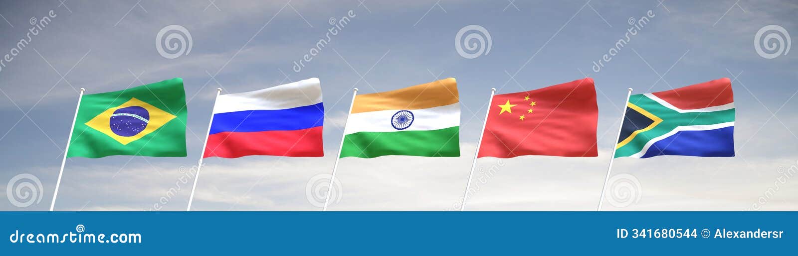 flags of the brics countries brazil, russia, india, china and south africa 3d rendering