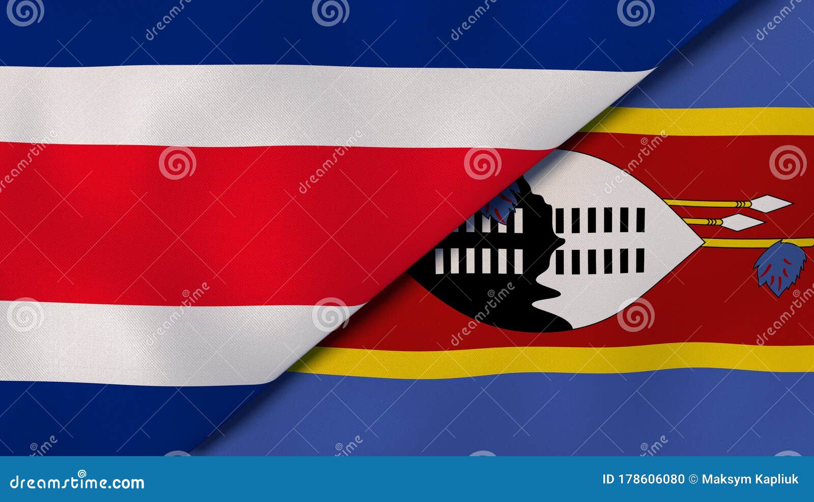 the flags of costa rica and eswatini. news, reportage, business background. 3d 