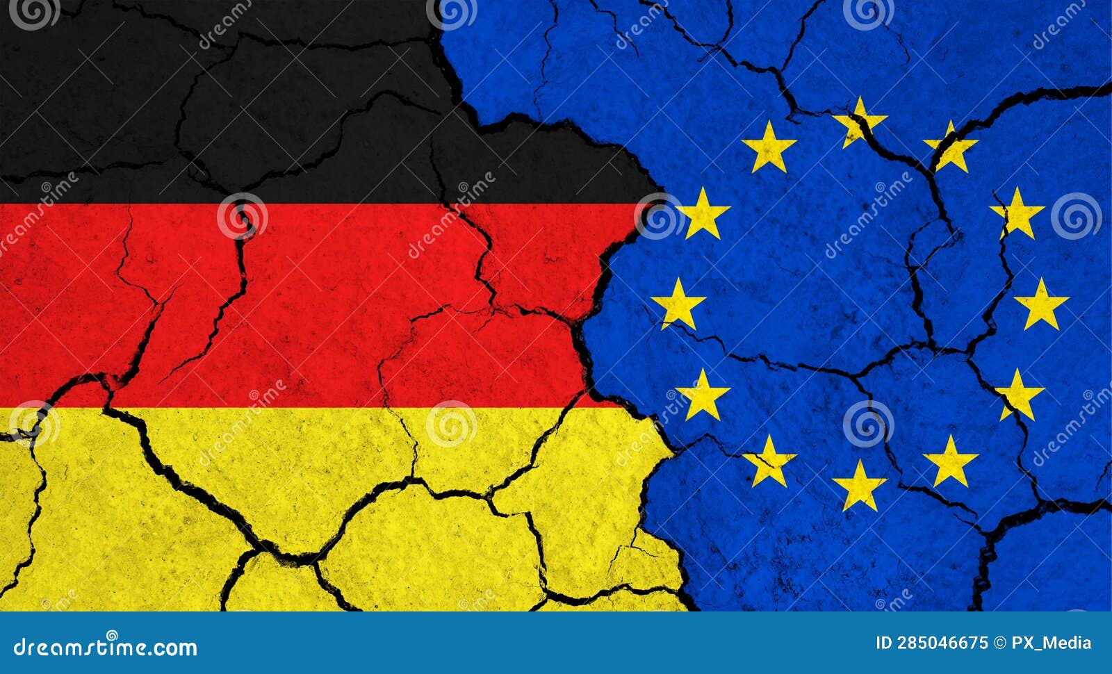 Flags of Germany and European Union on Cracked Surface Stock